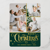 3フォトスパークルメリークリスマスグリーティング金ゴールド 箔シーズンカード (正面)