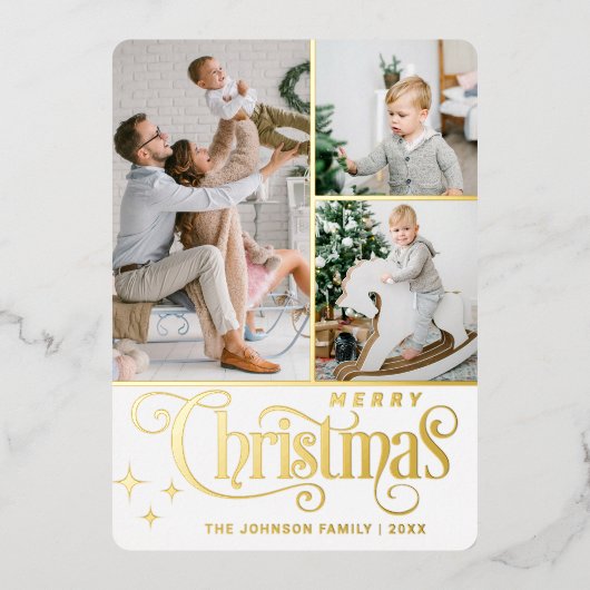 3フォトスパークルメリークリスマスグリーティング金ゴールド 箔シーズンカード (正面)