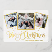 3フォトスパークルメリークリスマスグリーティング金ゴールド 箔シーズンカード (正面)