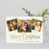 3フォトスパークルメリークリスマスグリーティング金ゴールド 箔シーズンカード (立ち正面)