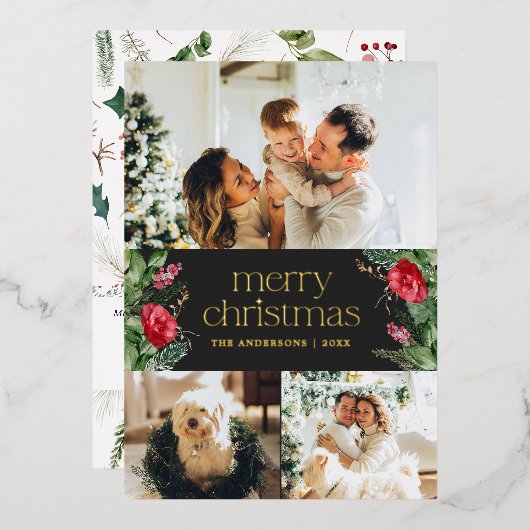 3フォトダークグレー冬の植物学メリークリスマス 箔シーズンカード (正面/裏面)