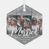 3フォトニューライウェッド1stクリスマスグレイフェイクウッド ガラスオーナメント (正面)