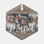 3フォトニューライウェッド1stクリスマス結婚したフェイクウッド ガラスオーナメント (正面)