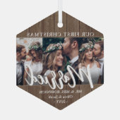 3フォトニューライウェッド1stクリスマス結婚したフェイクウッド ガラスオーナメント (裏面)