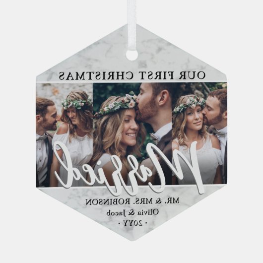 3フォトニューリウェッド1stクリスマス結婚した大理石フェイク石 ガラスオーナメント (裏面)