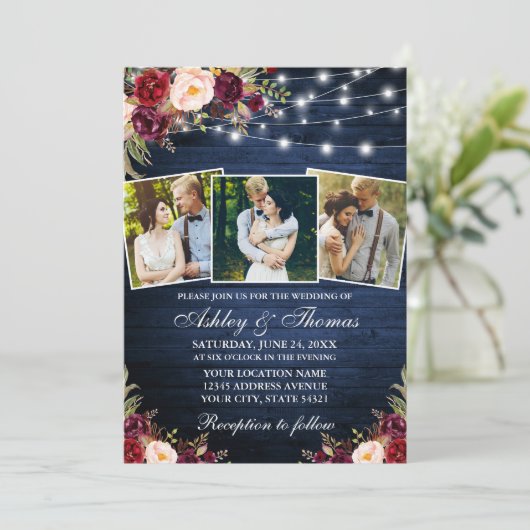 3フォトバ素朴ルガンディフローラライトウッド結婚ズ 招待状 (スタンド正面)