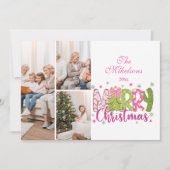 3フォトピンクグリーンボウツリーメリークリスマス シーズンカード (正面)