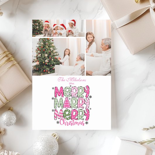 3フォトピンクグリーンメリークリスマスホリデー シーズンカード