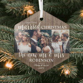 3フォトファースト結婚したクリスマスウ素朴ィード ガラスオーナメント