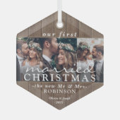 3フォトファースト結婚したクリスマスウ素朴ィード ガラスオーナメント (正面)