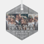 3フォトファースト結婚したクリスマスグレーフェイクウッド ガラスオーナメント (正面)