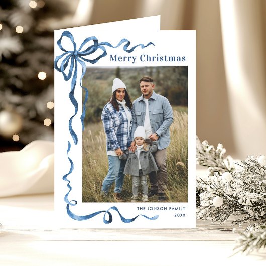 3フォトフェスティバルダスティブルークリスマスリボン シーズンカード