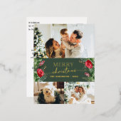3フォトフォレスト緑の葉メリークリスマス金ゴールド 箔シーズンポストカード (正面/裏面)