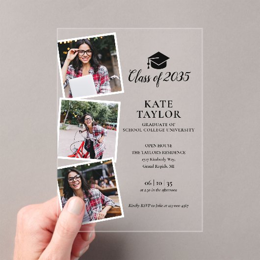 3フォトブラックと金ゴールド卒業パーティー招待状 アクリル招待状 (インサイチュ (ポータブル))