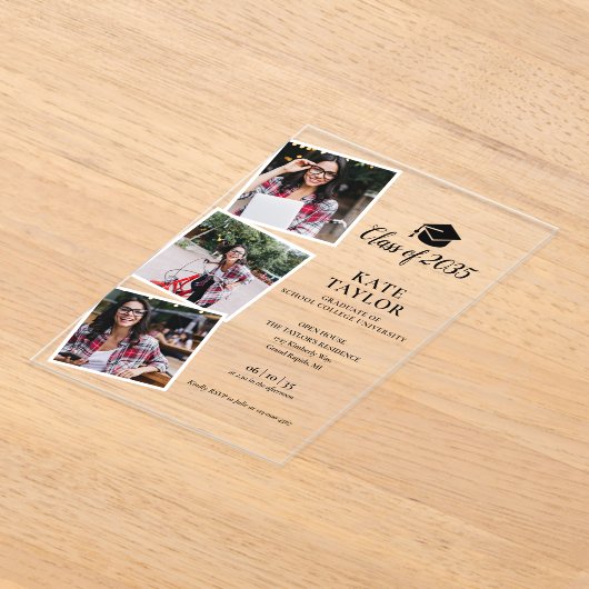 3フォトブラックと金ゴールド卒業パーティー招待状 アクリル招待状 (レイダウン)