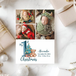 3フォトブルーテディベビー1stクリスマス シーズンカード