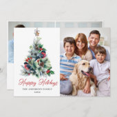 3フォトホリーベリークリスマスツリーのグリーティング シーズンカード (正面/裏面)