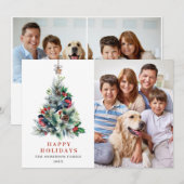 3フォトホリーベリークリスマスツリーのグリーティング シーズンカード (正面/裏面)