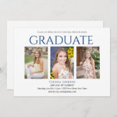 3フォトホワイトブルー卒業パーティー招待状 招待状 (正面/裏面)