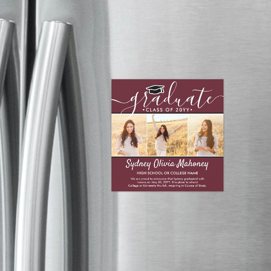 3フォトマルーン磁気卒業発表 マグネット招待状