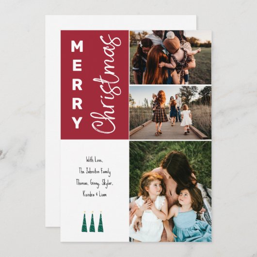 3フォトメリークリスマスカード – 赤 シーズンカード (正面/裏面)