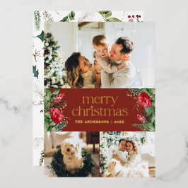 3フォトレッドボタニカル葉楽しいクリスマス 箔シーズンカード