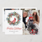 3フォトレッド(鳥)ショウジョウコウカンチョウクリスマスリースホリデーカード シーズンカード (正面/裏面)