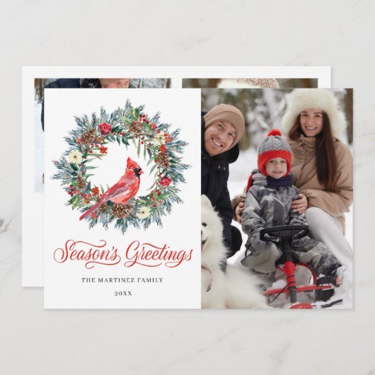 3フォトレッド（鳥）ショウジョウコウカンチョウクリスマスリースホリデーカード シーズンカード (正面/裏面)