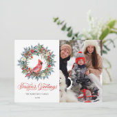 3フォトレッド(鳥)ショウジョウコウカンチョウクリスマスリースホリデーカード シーズンカード (スタンド正面)