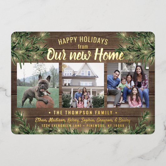 3フォト任意の文字新しいホームウッド&ガーランドライト 箔シーズンカード (正面)