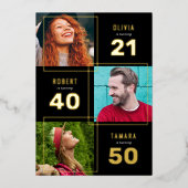 3フォト共同誕生日パーティブラック金ゴールド 箔招待状 (正面)