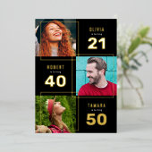 3フォト共同誕生日パーティブラック金ゴールド 箔招待状 (立ち正面)