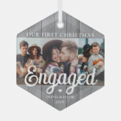 3フォト初めてのクリスマス婚約したグレイフェイクウッド ガラスオーナメント (正面)