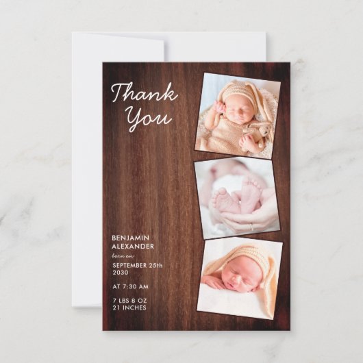 3フォト素朴新生児カントリーウッドシャワー サンキューカード (正面)