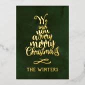 3フォト金ゴールドとグリーンクリスマスツリーレタリング 箔シーズンカード (正面)