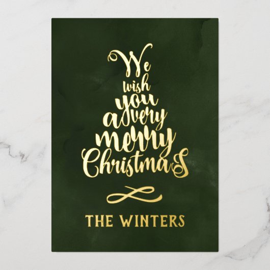 3フォト金ゴールドとグリーンクリスマスツリーレタリング 箔シーズンカード (正面)