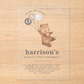 3ブラウンバルーン付きクマ1日の誕生日 アクリル招待状 (正面)