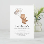 3ブラウンバルーン付きクマ1日の誕生日 招待状 (スタンド正面)