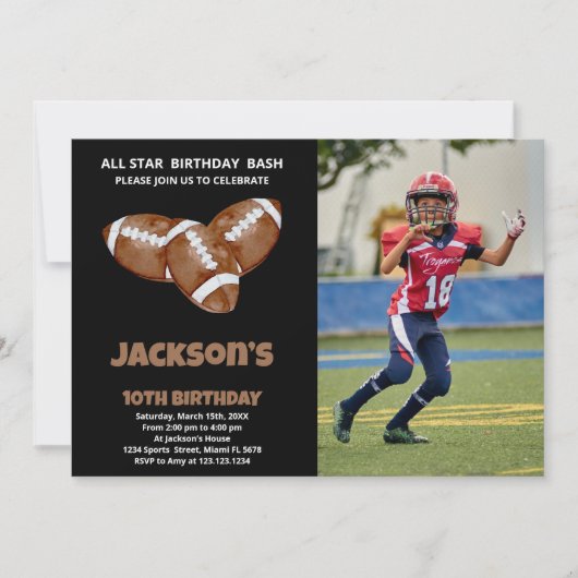 3ブラックブラウンサッカー誕生日招待状写真 招待状 (正面)