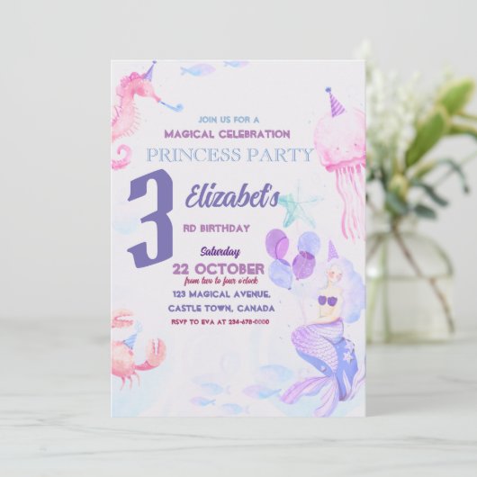 3プリンセスマーメイドカラフルアンダーザシー誕生日 招待状 (スタンド正面)