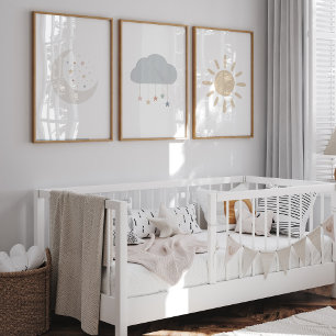 3ボーホムーン、雲、太陽のプリントのセット