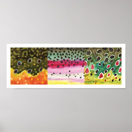 3マスのスキン：ブルック、レインボー、ブラウン – フライフィッシング ポスター (正面)