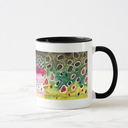 3マスのスキン：ブルック、レインボー、ブラウン – フライフィッシング マグカップ (右)