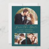 3ミニマル – フォトアーチティール(緑がかった色)ブルー金ゴールドQRコード セーブザデート (正面)