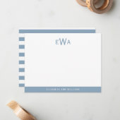 3モダンイニシャルモノグラムアクアブルーストライプズ ノートカード (正面/裏面インサイチュ)