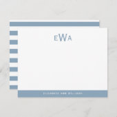 3モダンイニシャルモノグラムアクアブルーストライプズ ノートカード (正面/裏面)