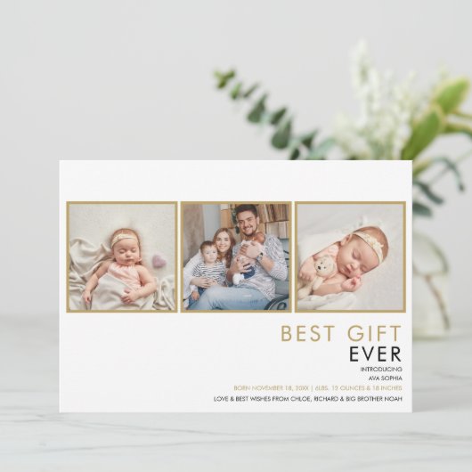 3モダンエレガント枚フォトコラージュ金ゴールド誕生 案内状 (スタンド正面)