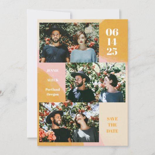 3モダンフォトコラージピンクとオレンジ結婚ズ セーブザデート (正面)