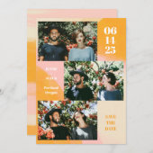 3モダンフォトコラージピンクとオレンジ結婚ズ セーブザデート (正面/裏面)