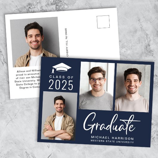 3モダンフォトスはっきりしたクリプト青の卒業 案内ポストカード